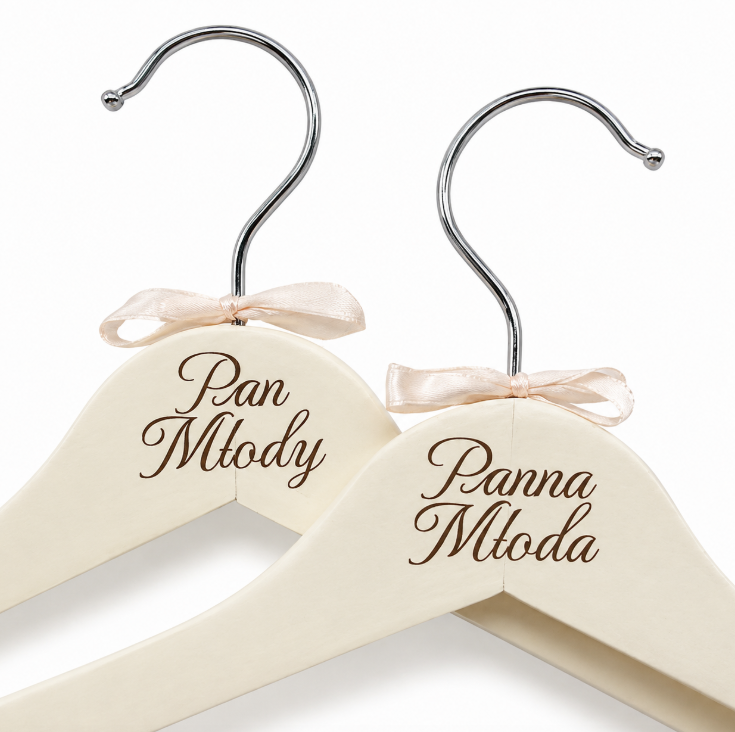 Wieszaki Ślubne Drewniane – Panna Młoda + Pan Młody | Zestaw 2 szt. białe